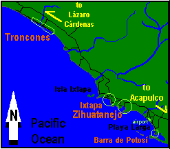 MAPA DE LA COSTA DE GUERRERO MOSTRANDO ZIHUATANEJO, IXTAPA, TRONCONES Y LA BARRA DE POTOS�